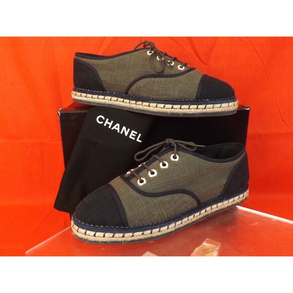 NIB CHANEL G31345 GREEN BLACK CANVAS PEARLS CC ESPADRILLE OXFORDS FLAT 40 - Picture 5 of 12